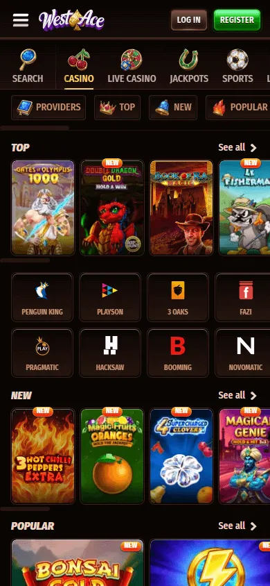 Westace Casino games area on mobile