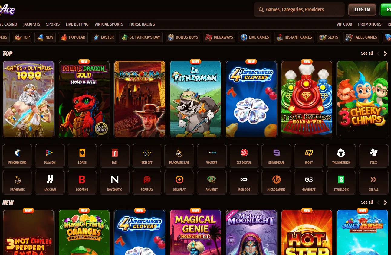 Westace Casino games area on desktop