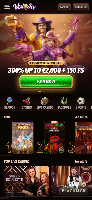 Westace Casino home screen on mobile